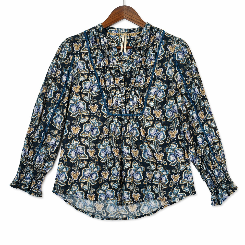 Anthropologie Embroidered XS Boho Blouse - Navy Floral Cotton with High Low Hem